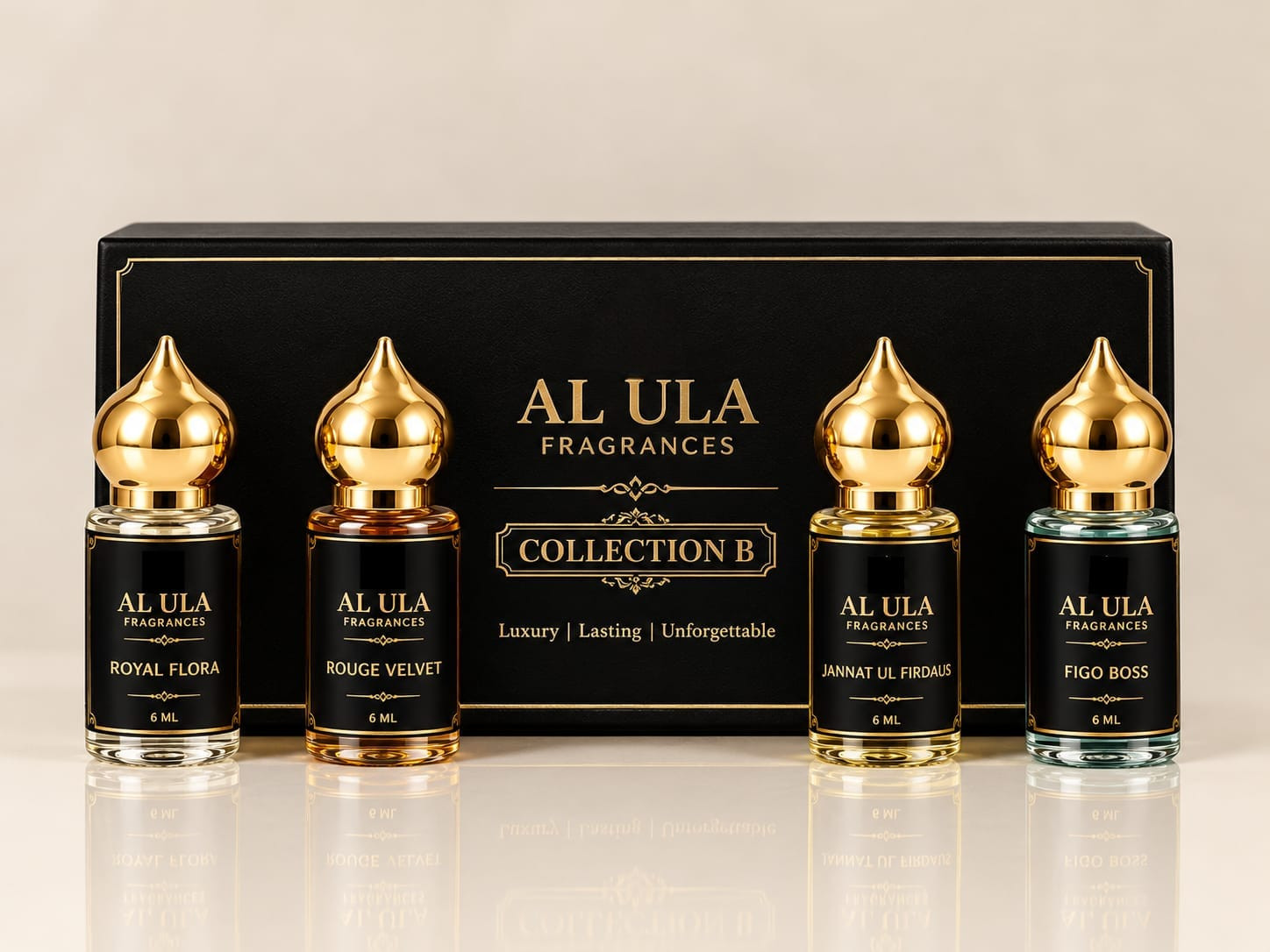 AL ULA Fragrances Collection B Attar Gift Set, Long-Lasting Non-Alcoholic Roll-On Attar for Men & Women | Ideal Gift for Him & Her | Pack of 4 x 6ML